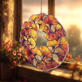 Ginkgo Leaf Acrylic Suncatcher, Stained Glass Style Round Window Hanging with Golden Autumn Leaves, Nature Inspired Home Decor Gift